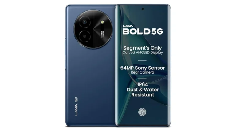 Lava Bold 5G (Sapphire Blue, 8GB RAM, 128GB Storage) | 3D Curved FHD+ AMOLED Display | Mediatek Dimensity 6300 Processor | IP64 Water Resistance | 64MP Sony Rear Sensor | Supports All Indian 5G Bands
