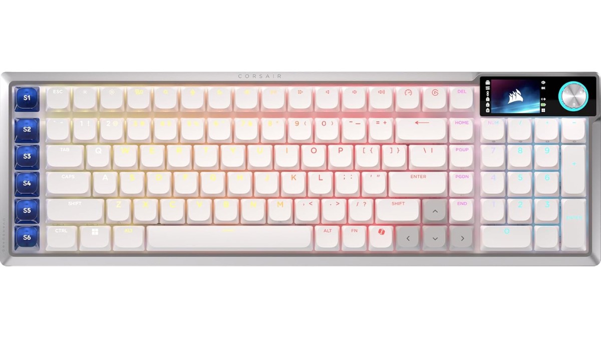 Corsair Vanguard AIR 99 Wireless gaming keyboard listed in the US at $259.99. OPX low-profile optical switches, 8000Hz hyper-polling, Stream Deck integration, 1.9" LCD, gasket mount. Check specs on Amazon.