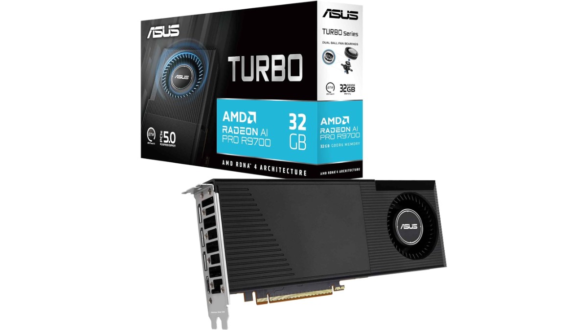 ASUS Turbo Radeon AI PRO R9700 32G listed on Amazon US at $1,479.99. RDNA 4, 32GB GDDR6, 1531 TOPS INT4, PCIe 5.0, 2-slot blower design. Check specs.