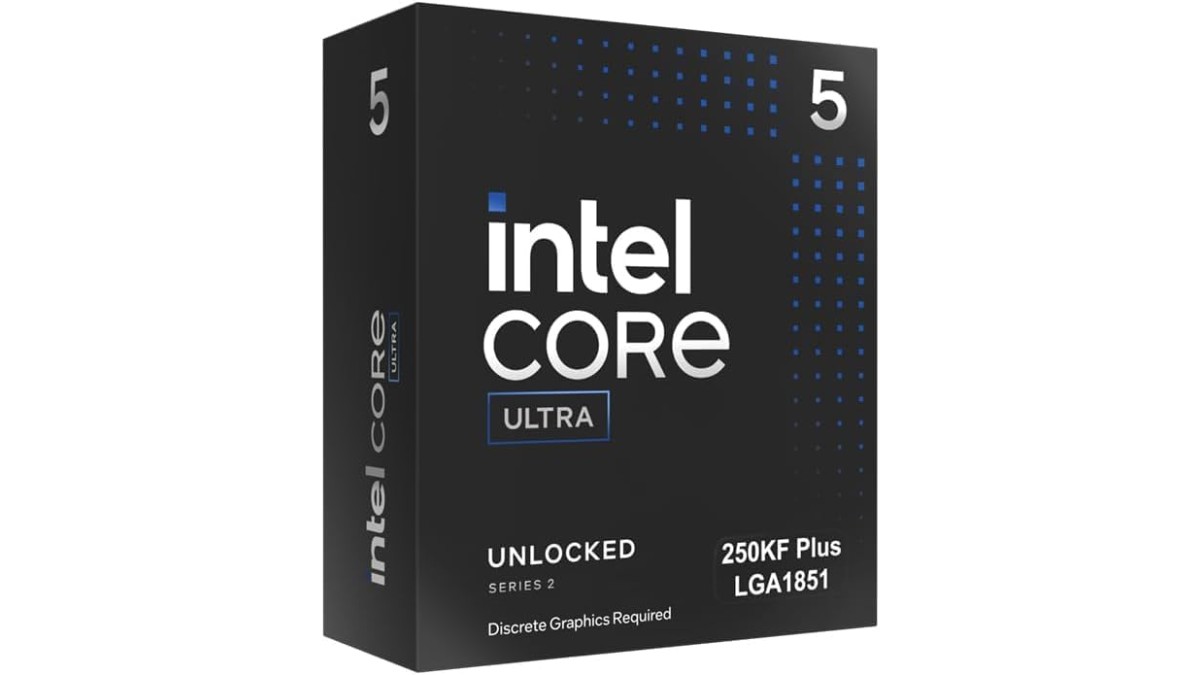 Intel Core Ultra 5 250KF Plus at $227.38. 18 cores, 5.3 GHz, no iGPU, TSMC N3B, 22 TOPS, 13 TOPS NPU, DDR5-7200, LGA1851. Listed on Amazon US.