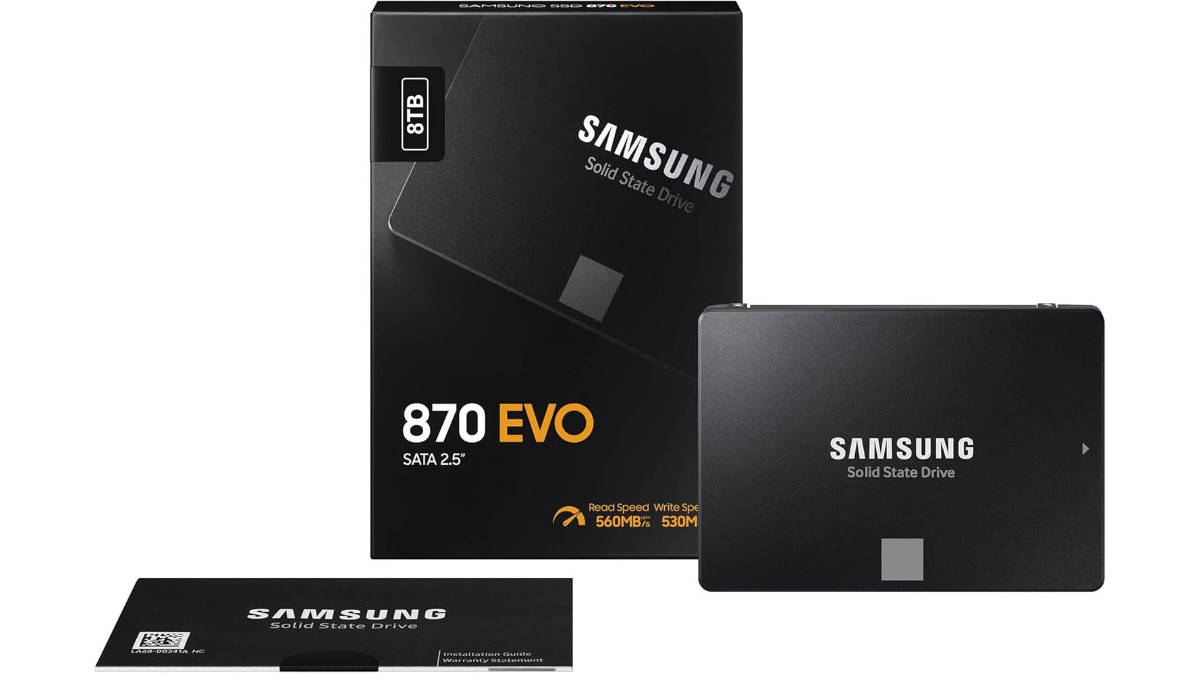 Samsung SSD 870 EVO 8TB (MZ-77E8T0B/AM) available for pre-order at $2,719.99 on Amazon US. V-NAND TLC, 560/530 MB/s, 8GB LPDDR4 cache, 4,800 TBW, 5-year warranty. Releases April 14, 2026.