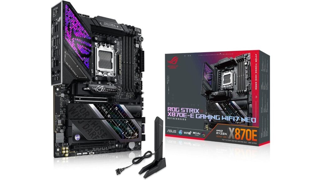 ASUS ROG Strix X870E-E Gaming WiFi7 Neo ATX motherboard listed on Amazon US at $599.99. AMD X870E, AM5, five M.2 slots, PCIe 5.0, WiFi 7, dual USB4 40Gbps.