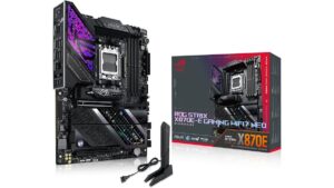 ASUS ROG Strix X870E-E Gaming WiFi7 Neo ATX motherboard listed on Amazon US at $599.99. AMD X870E, AM5, five M.2 slots, PCIe 5.0, WiFi 7, dual USB4 40Gbps.