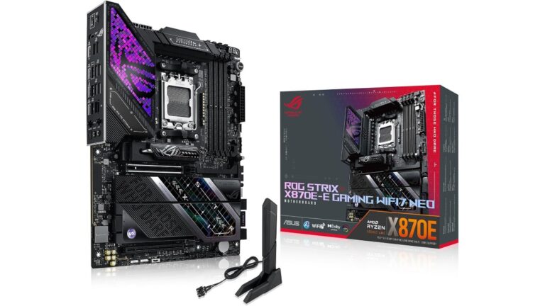 ASUS ROG Strix X870E-E Gaming WiFi7 Neo ATX motherboard listed on Amazon US at $599.99. AMD X870E, AM5, five M.2 slots, PCIe 5.0, WiFi 7, dual USB4 40Gbps.