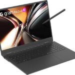 LG gram Pro 2-in-1 16T95TP-K.AA77U1 convertible touchscreen laptop in Obsidian Black with 16-inch WQXGA+ OLED 120Hz display Intel Core Ultra 7 255H processor and stylus pen