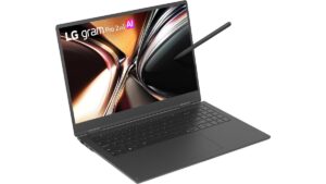 LG gram Pro 2-in-1 16T95TP-K.AA77U1 convertible touchscreen laptop in Obsidian Black with 16-inch WQXGA+ OLED 120Hz display Intel Core Ultra 7 255H processor and stylus pen