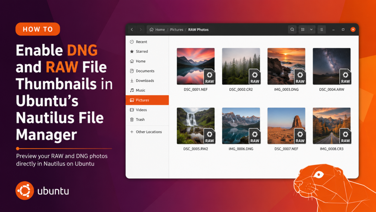 Ubuntu Nautilus file manager showing DNG and RAW camera file thumbnails after dcraw thumbnailer setup