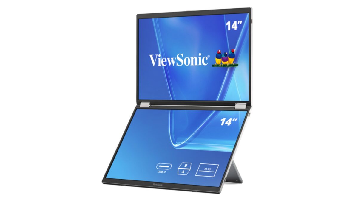 ViewSonic VG1457 dual-screen 14-inch foldable portable monitor with two WUXGA IPS panels open in landscape mode