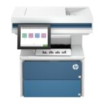 HP LaserJet Enterprise MFP 5602dn printer with 8-inch touchscreen showing Copy Scan Print Fax menu