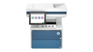 HP LaserJet Enterprise MFP 5602dn printer with 8-inch touchscreen showing Copy Scan Print Fax menu