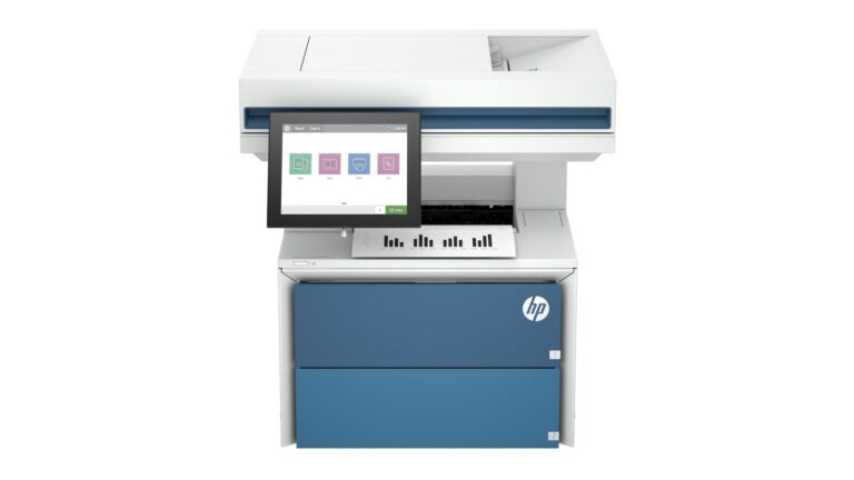 HP LaserJet Enterprise MFP 5602dn printer with 8-inch touchscreen showing Copy Scan Print Fax menu