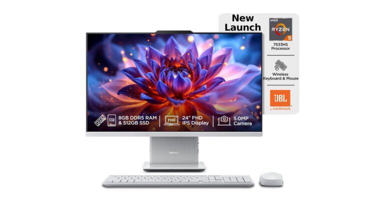 Lenovo IdeaCentre AIO Ryzen 5 7533HS 23.8" FHD IPS All-in-One Desktop (8GB RAM/512GB SSD/Win11/Microsoft 365 Basic + Office 2024/3Wx2 Speakers/5MP+IR Camera/Wireless Keyboard & Mouse), F0HR00CFIN