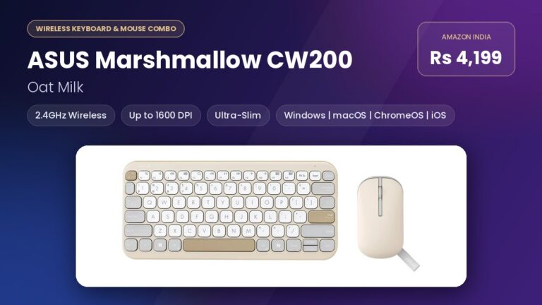 ASUS Marshmallow CW200 wireless keyboard and mouse combo in Oat Milk with 2.4GHz and Bluetooth connectivity