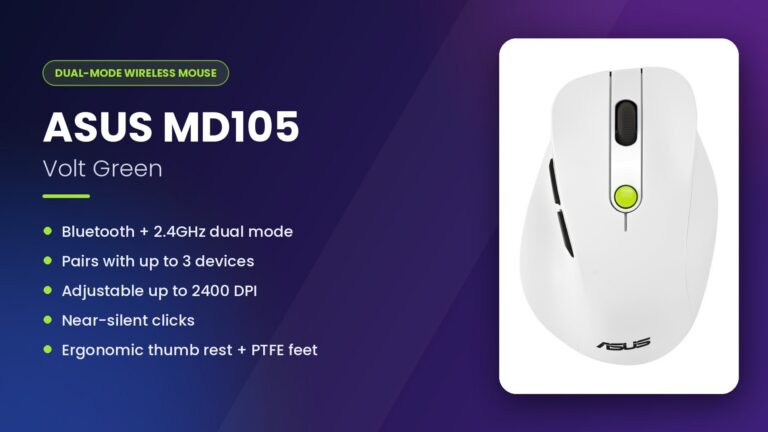 ASUS Wireless Mouse MD105 in Volt Green with dual-mode 2.4GHz and Bluetooth connectivity