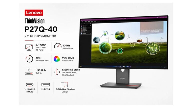 Lenovo ThinkVision P27Q-40 64A7GAR6IN 27-inch QHD IPS monitor with 120Hz refresh rate and 99 percent sRGB coverage