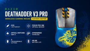 Razer DeathAdder V3 Pro RZ01-04630700-R3M1 Fortnite Edition wireless gaming mouse with 63g weight and Focus Pro 30K sensor