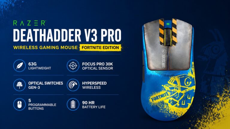 Razer DeathAdder V3 Pro RZ01-04630700-R3M1 Fortnite Edition wireless gaming mouse with 63g weight and Focus Pro 30K sensor