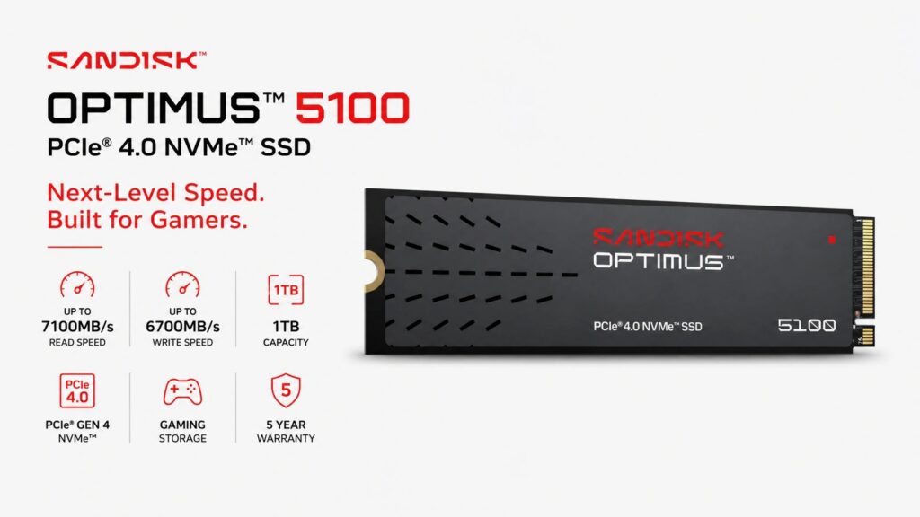 SanDisk Optimus 5100 SDSP51100TAN-000E0 1TB NVMe SSD with PCIe 4.0 x4 interface and 7,100MB/s read speed