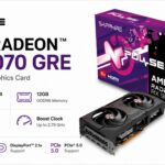 Sapphire Pulse AMD Radeon RX 9070 GRE Gaming OC graphics card box and card render with AMD RDNA 4, 12GB GDDR6 specs