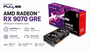 Sapphire Pulse AMD Radeon RX 9070 GRE Gaming OC graphics card box and card render with AMD RDNA 4, 12GB GDDR6 specs