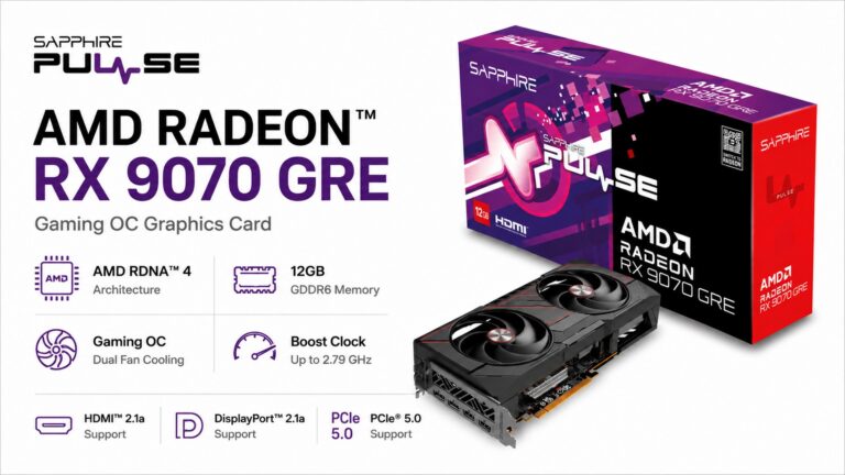 Sapphire Pulse AMD Radeon RX 9070 GRE Gaming OC graphics card box and card render with AMD RDNA 4, 12GB GDDR6 specs