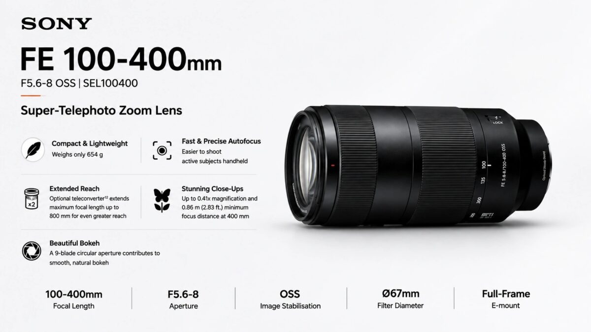 Sony FE 100-400mm F5.6-8 OSS SEL100400B.SYX full-frame super-telephoto zoom lens with Optical SteadyShot and 654g body