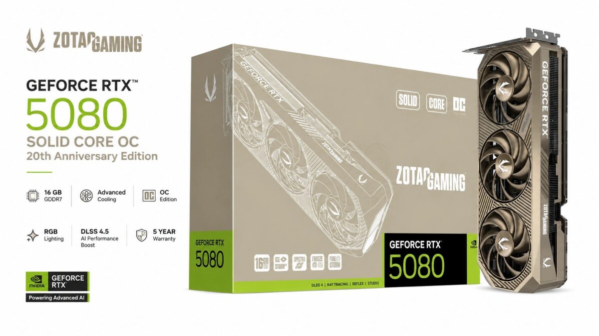 ZOTAC Gaming GeForce RTX 5080 Solid CORE OC 20th Anniversary Edition ZT-B50800J2S-10P graphics card in titanium finish with 16GB GDDR7 memory and triple BladeLink fan IceStorm 3.0 cooling