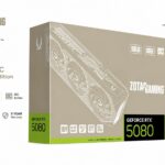 ZOTAC Gaming GeForce RTX 5080 Solid CORE OC 20th Anniversary Edition ZT-B50800J2S-10P graphics card in titanium finish with 16GB GDDR7 memory and triple BladeLink fan IceStorm 3.0 cooling