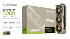 ZOTAC Gaming GeForce RTX 5080 Solid CORE OC 20th Anniversary Edition ZT-B50800J2S-10P graphics card in titanium finish with 16GB GDDR7 memory and triple BladeLink fan IceStorm 3.0 cooling