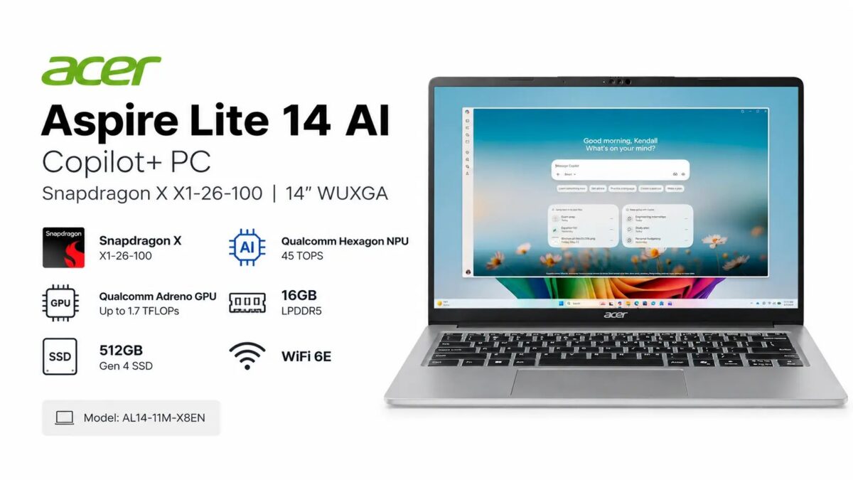 Acer Aspire Lite 14 AI AL14-11M-X8EN (NX.DWNAA.001) Copilot+ Laptop Listed on Amazon US – Snapdragon X X1-26-100, 14-inch WUXGA IPS, 16GB LPDDR5, 512GB PCIe Gen 4 SSD