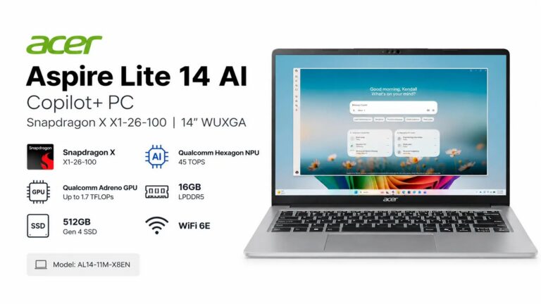 Acer Aspire Lite 14 AI AL14-11M-X8EN Copilot+ laptop with Snapdragon X X1-26-100 processor and 14-inch WUXGA display