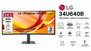 LG 34U640B 34-inch 21:9 UltraWide curved monitor with 3440x1440 WQHD panel at 144Hz and 65W USB-C