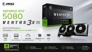 MSI Gaming GeForce RTX 5080 16G VENTUS 3X OC V531-095R graphics card with 16GB GDDR7 memory and triple TORX Fan 5.0 cooling