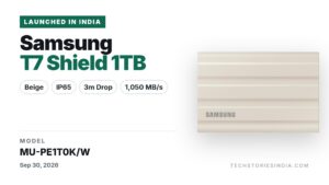 Samsung T7 Shield Portable SSD 1TB MU-PE1T0K in beige with IP65 rating and up to 1,050 MB/s read speed