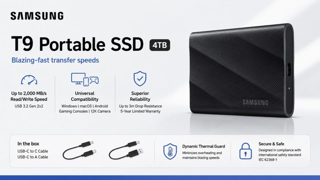 Samsung T9 Portable External SSD 4TB MU-PG4T0B in black with USB 3.2 Gen 2x2 interface and 2000 MB per second read and write speeds