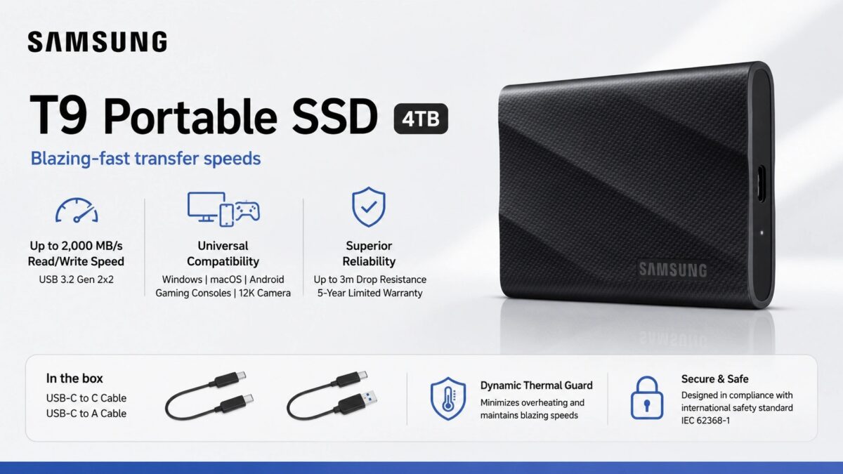 Samsung T9 Portable External SSD 4TB MU-PG4T0B in black with USB 3.2 Gen 2x2 interface and 2000 MB per second read and write speeds
