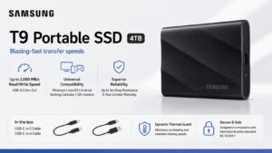 Samsung T9 Portable External SSD 4TB MU-PG4T0B in black with USB 3.2 Gen 2x2 interface and 2000 MB per second read and write speeds