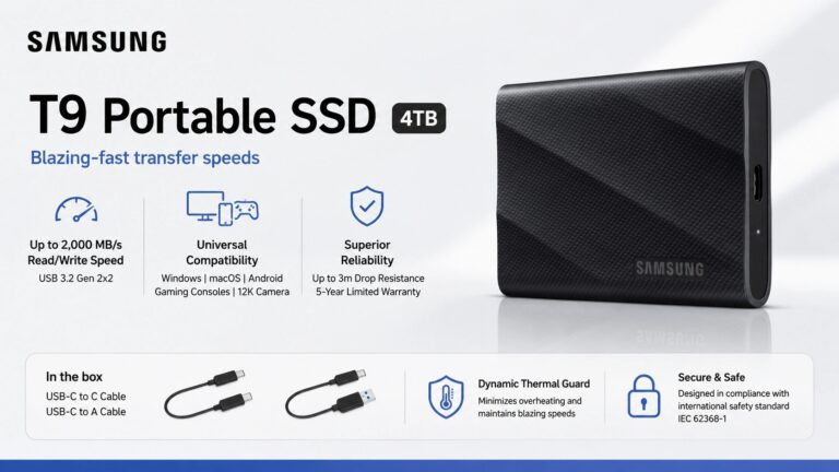 Samsung T9 Portable External SSD 4TB MU-PG4T0B in black with USB 3.2 Gen 2x2 interface and 2000 MB per second read and write speeds