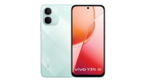 vivo Y31t 5G smartphone in Seashore Green showing the diamond-pattern rear panel with 50MP dual camera module and the 6.75-inch 120Hz display, available on Amazon India from Rs.25,999