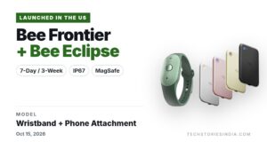 Amazon Bee Frontier AI wearable in Sage with wristband next to Bee Eclipse phone attachments in Silver, Blush, Honey and Midnight