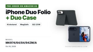 Apple iPhone Duo Folio with Kickstand in Navy Blue with kickstand open, and iPhone Duo Case in Navy Blue