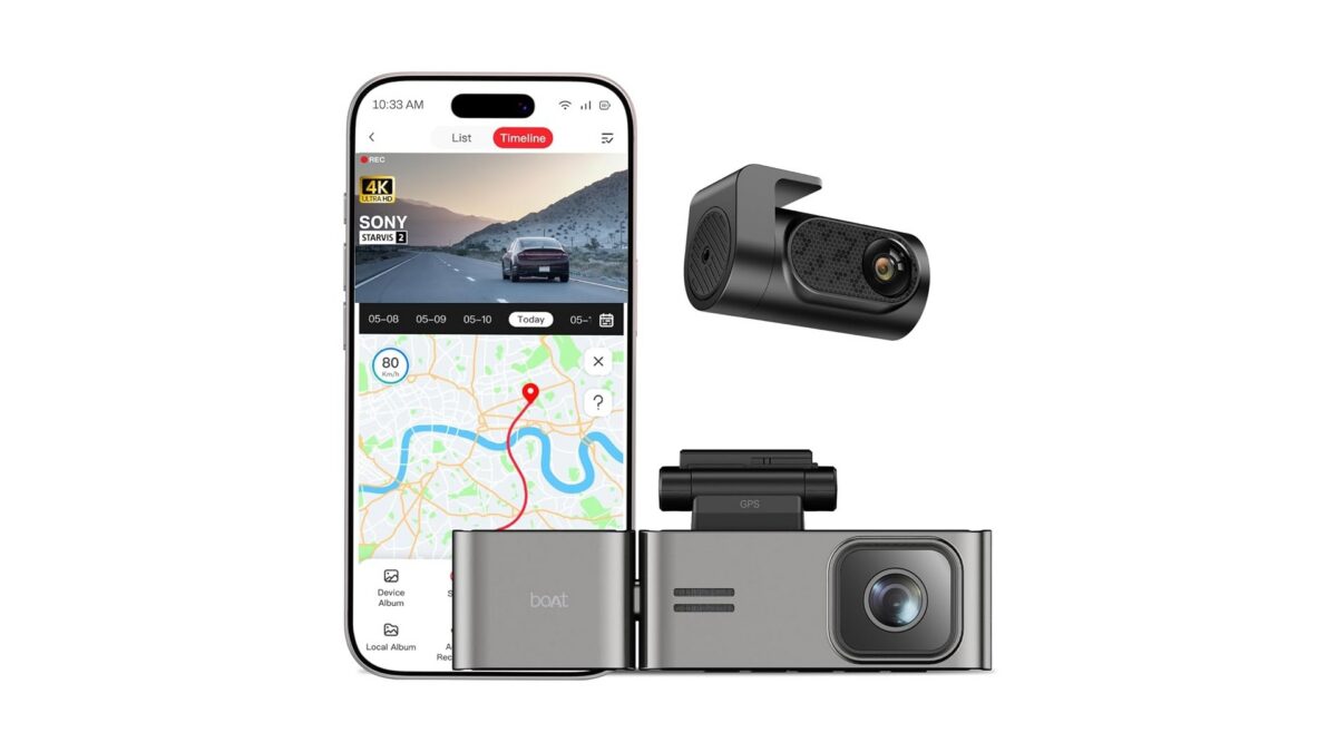 boAt Hive Dashcam F1 Pro 3-channel dash camera with 4K front camera, rear camera and GPS app view