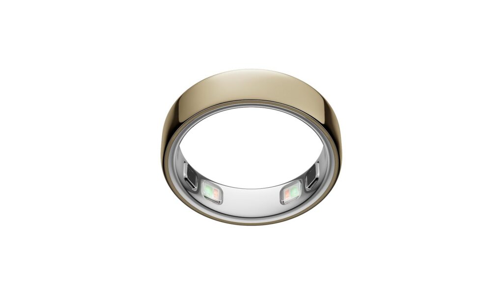 Oura Ring 5 titanium smart ring in Gold finish showing inner sensors
