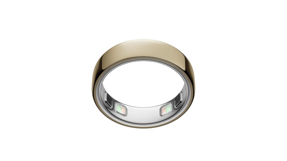 Oura Ring 5 titanium smart ring in Gold finish showing inner sensors