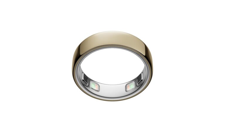 Oura Ring 5 titanium smart ring in Gold finish showing inner sensors