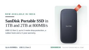 SanDisk Portable SSD SDSSDE30 with up to 800MB/s read speed, USB 3.2 Gen 2 and rubber hook