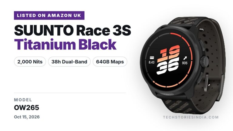 SUUNTO Race 3S OW265 GPS watch in Titanium Black with 1.32-inch AMOLED display and perforated black silicone strap
